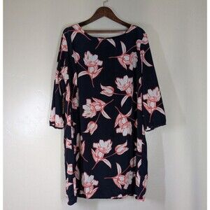 Old Navy Dress Womens Shift 3/4‎ Sleeve Floral Lined Back Zip Navy Blue White XL